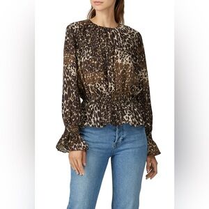 Victor Alfaro Brown Leopard Print Smocked Waist Blouse